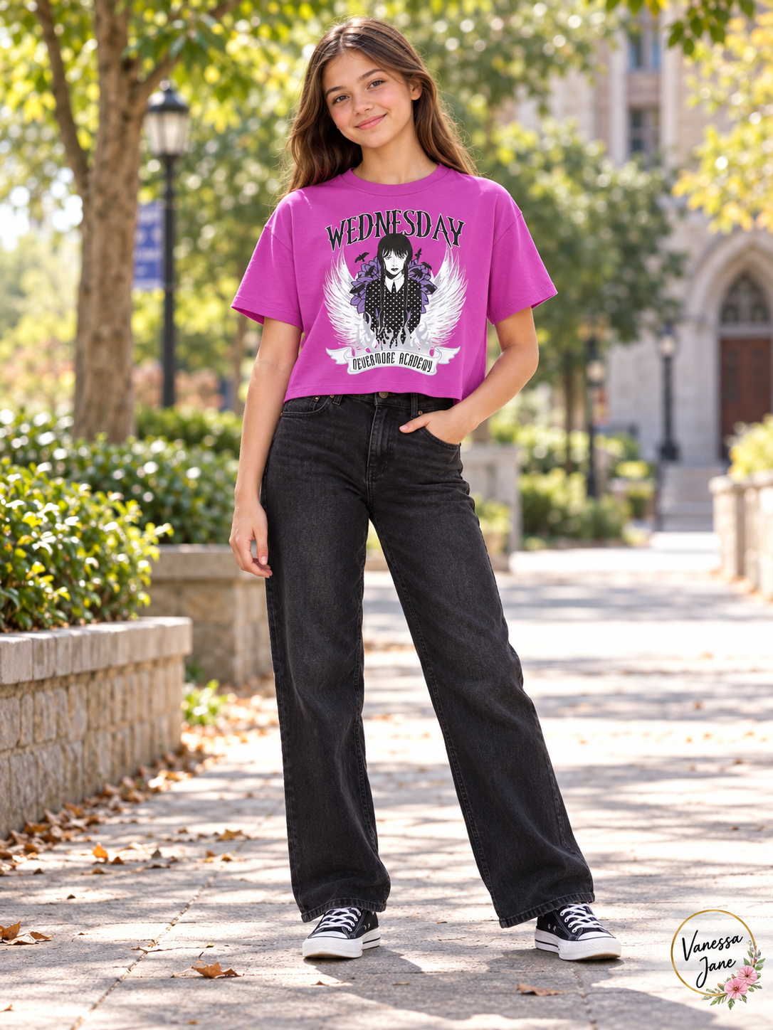 Old Navy Girls Wednesday Nevermore Purple Cropped T-Shirt, Size 14–16