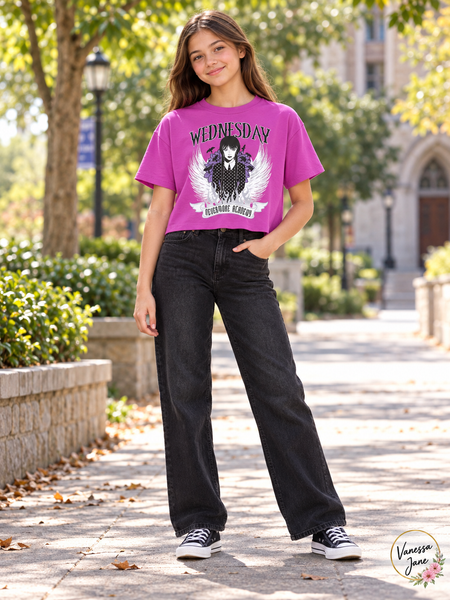 Old Navy Girls Wednesday Nevermore Purple Cropped T-Shirt, Size 14-16