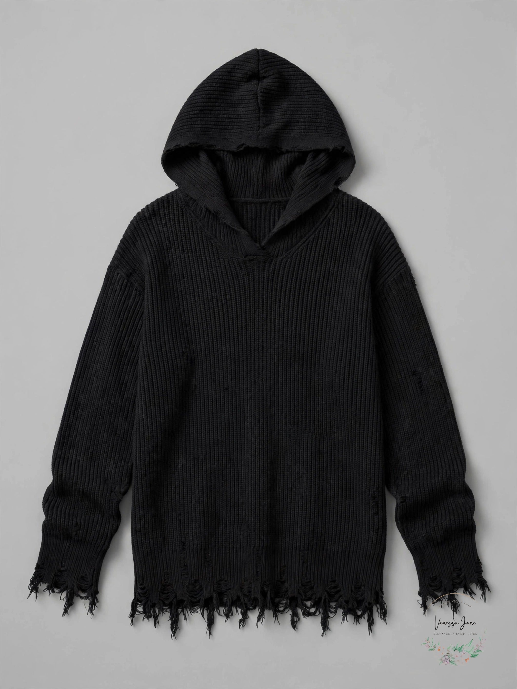 Black hooded distressed sweater stock photo