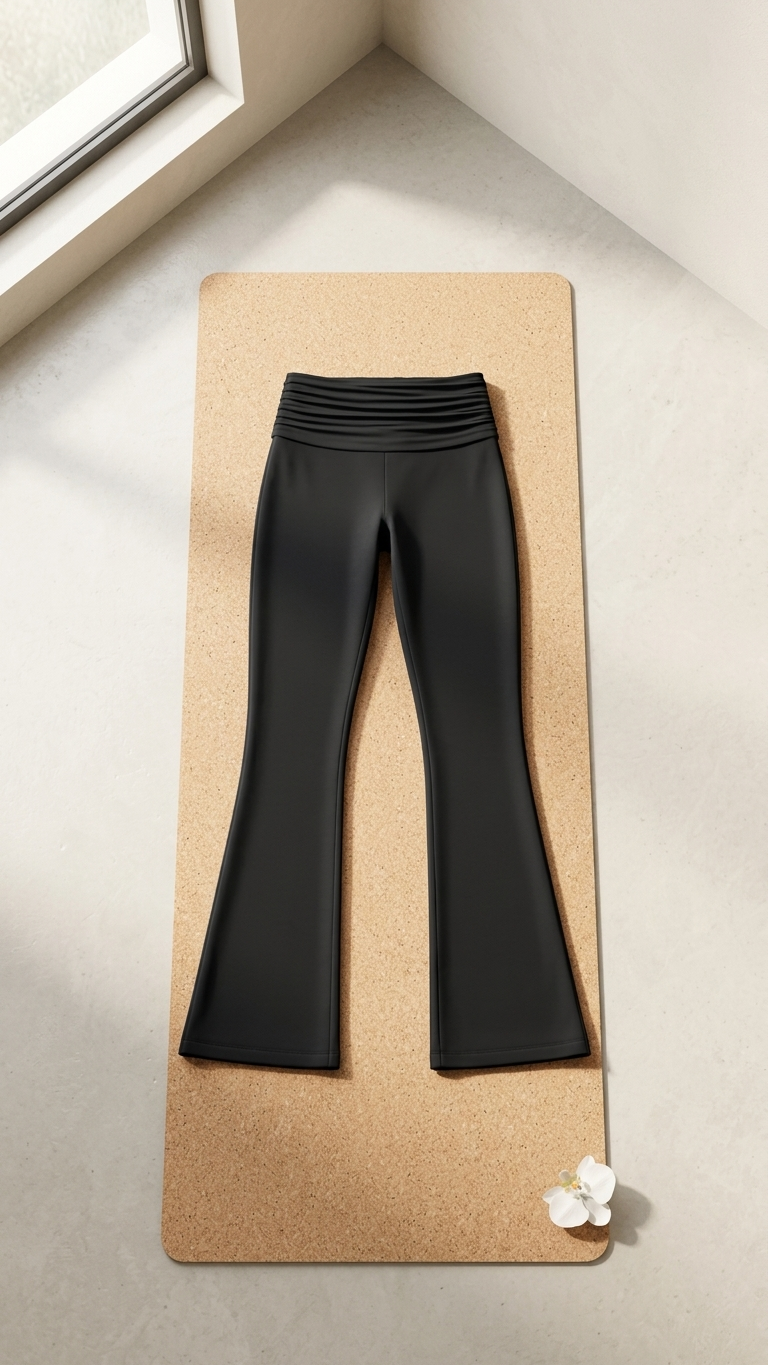 OQQ 2 Piece Flared Pants Ribbed Fold Over Ruched Stretch High Waist , Medium