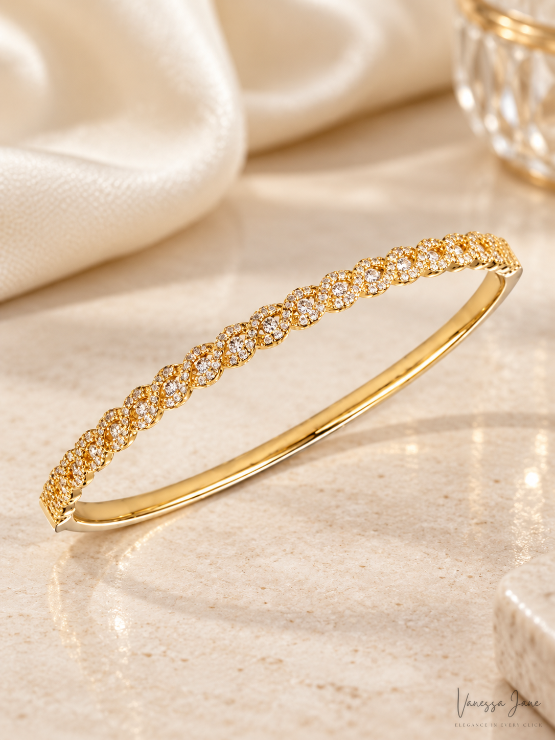 Tiara Cubic Zirconia Braid-Look Bangle Bracelet in Sterling Silver - Gold — lifestyle candidate