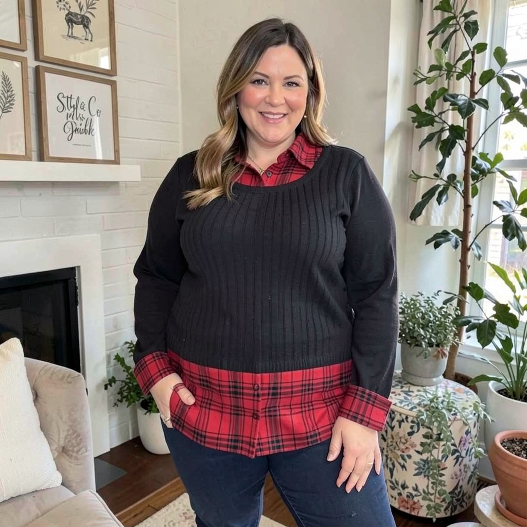 Style & Co Plus Size Layered-Look Plaid  Sweater Top, Size: 0X