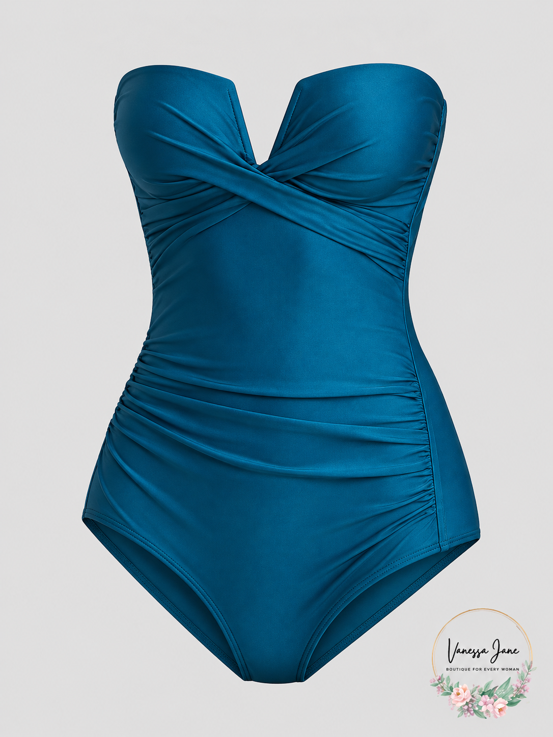 Teal bandeau one-piece swimsuit
