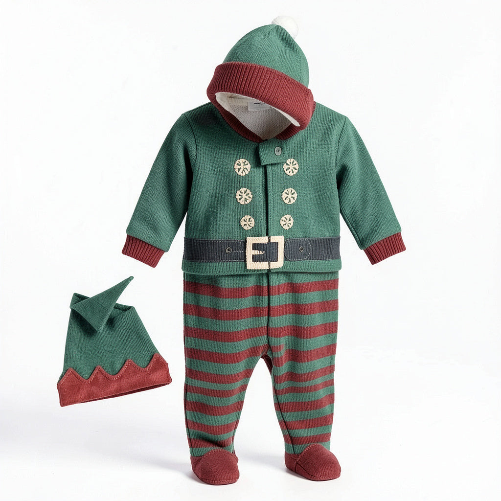Petit Lem Boys Elf Sleeper Pajama and Hat Knit Christmas One Piece 12 Months 1yr