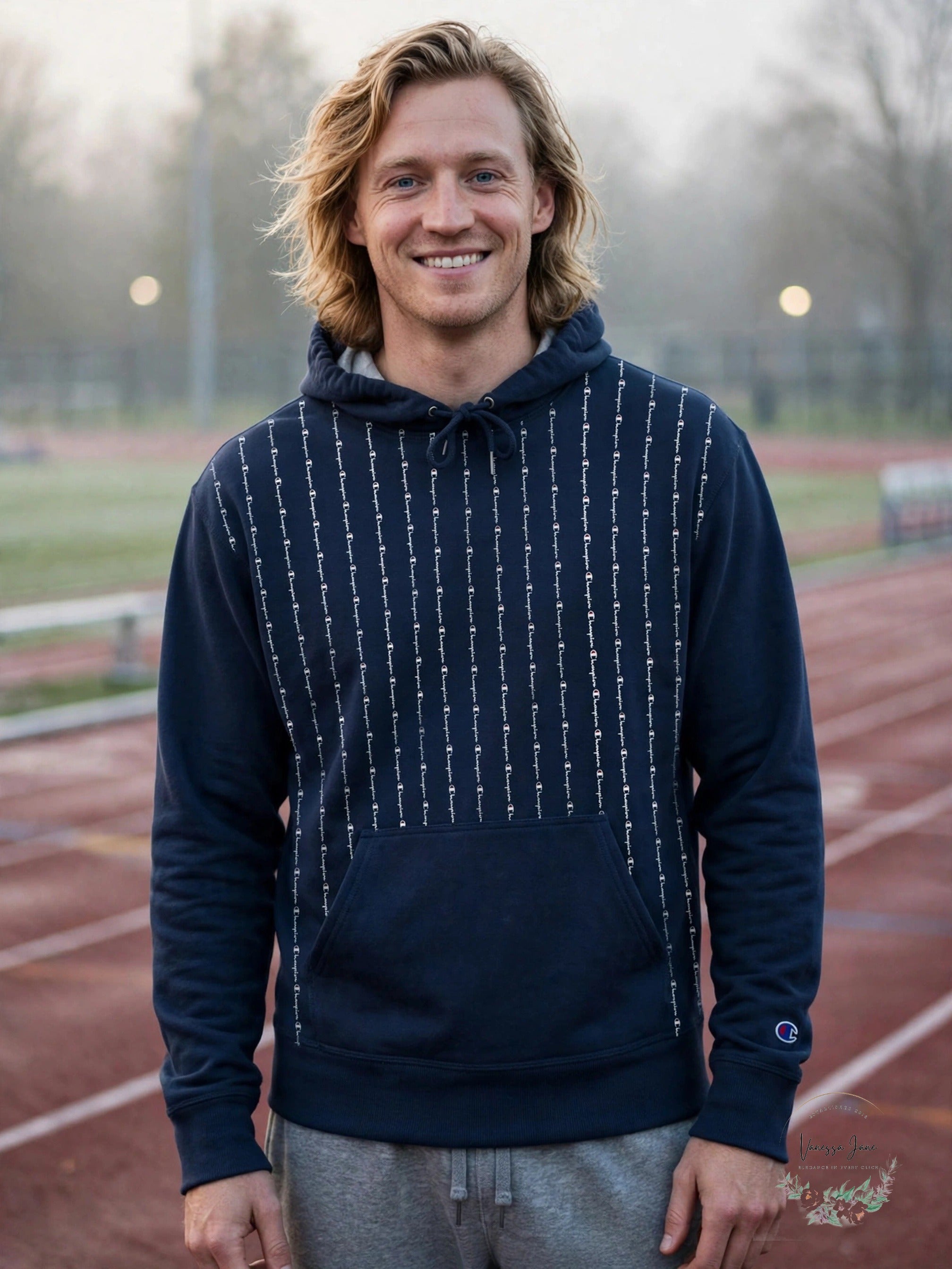 Champion navy logo pinstripe hoodie lifestyle photo