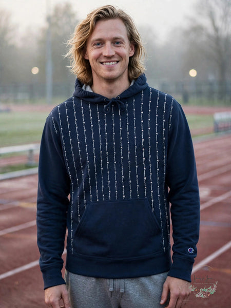 Champion navy logo pinstripe hoodie lifestyle photo