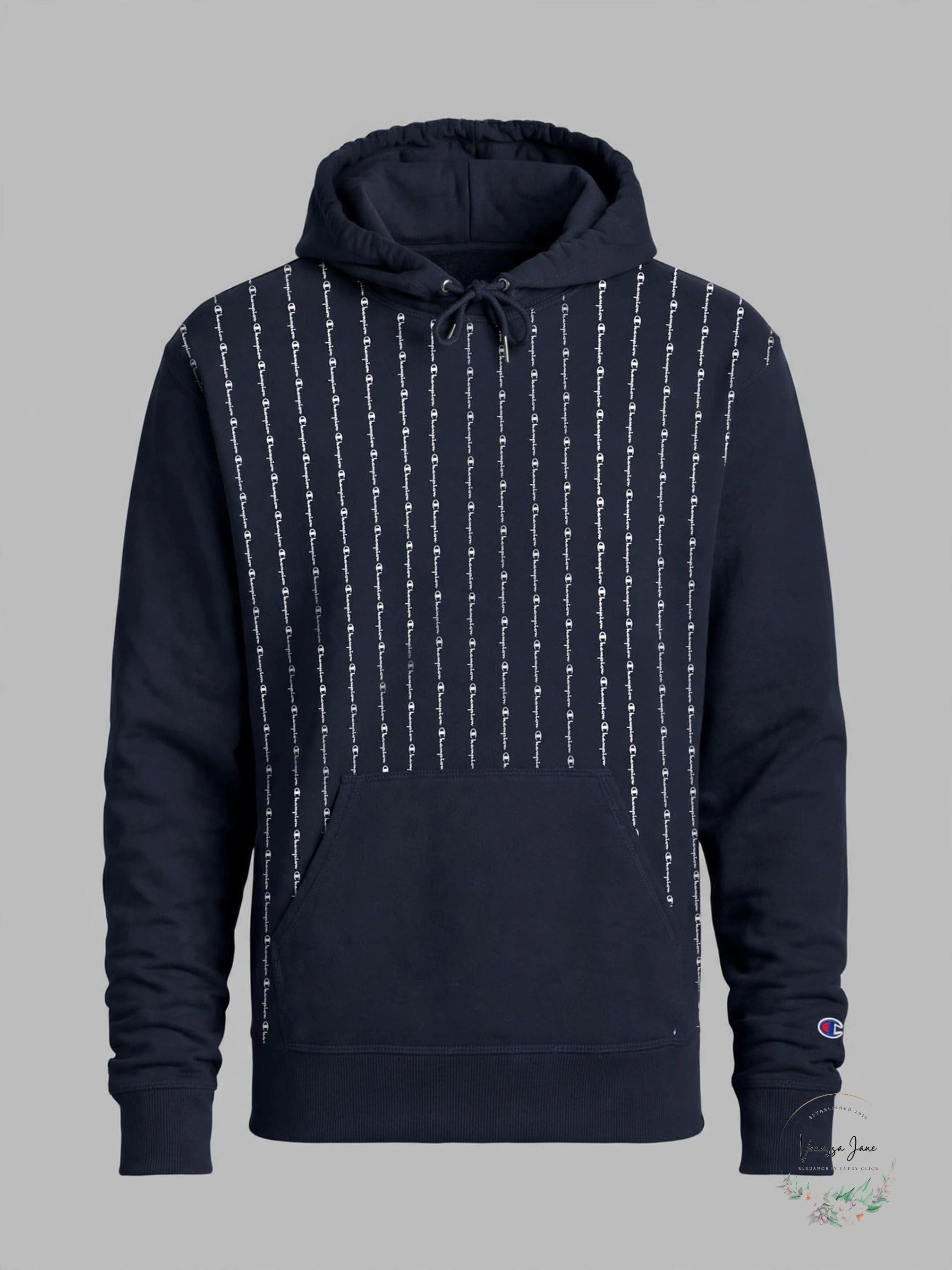 Champion navy logo pinstripe hoodie stock photo
