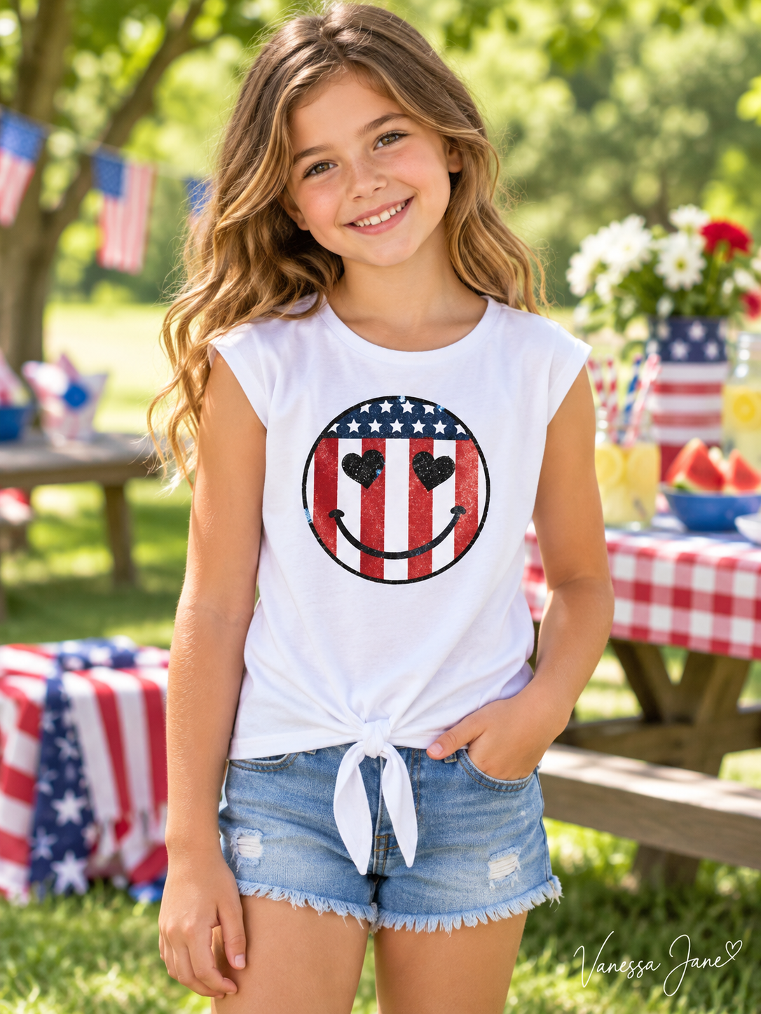 Girls USA smiley top at a summer picnic