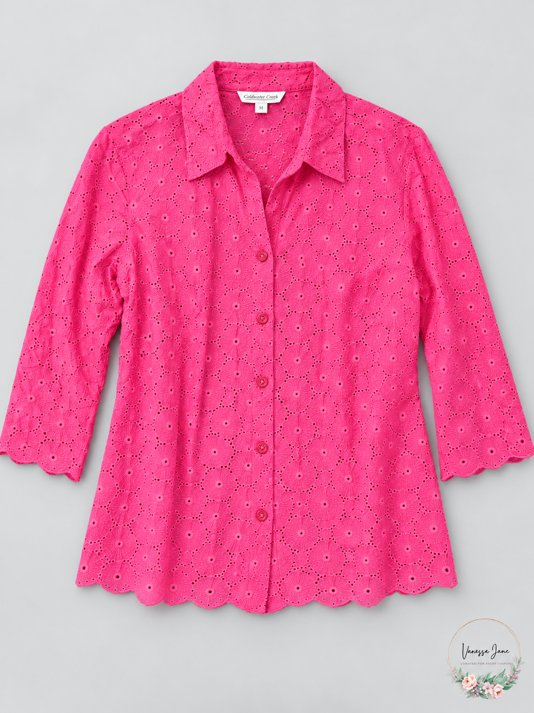 Coldwater Creek Women's Pink Daisy Eyelet Button-Front Shirt M New With Tags