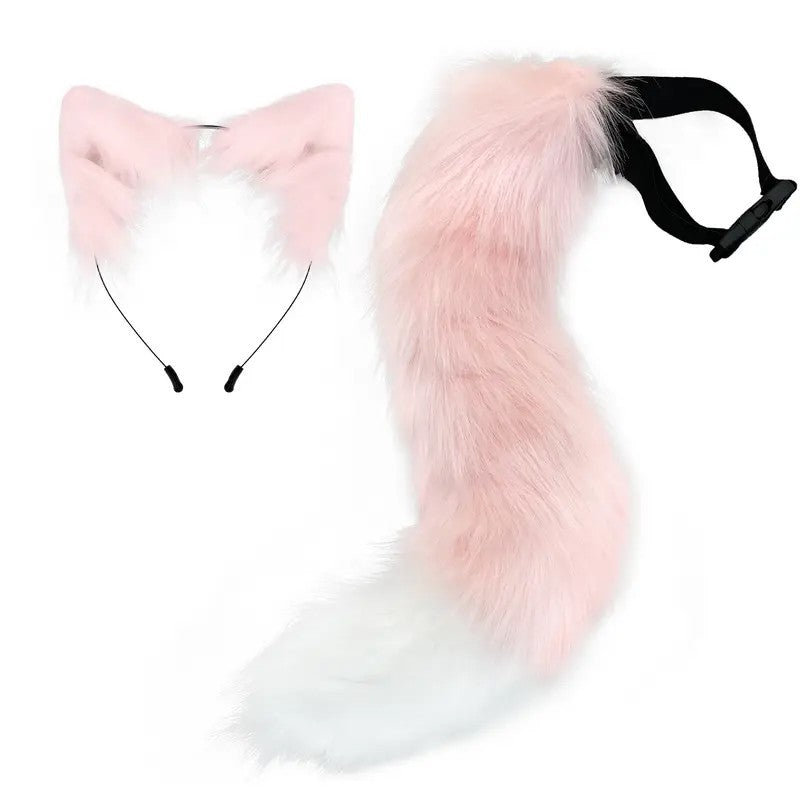 Adjustable Pink Plush Ears Cosplay Dress Up Headband and tail Costume