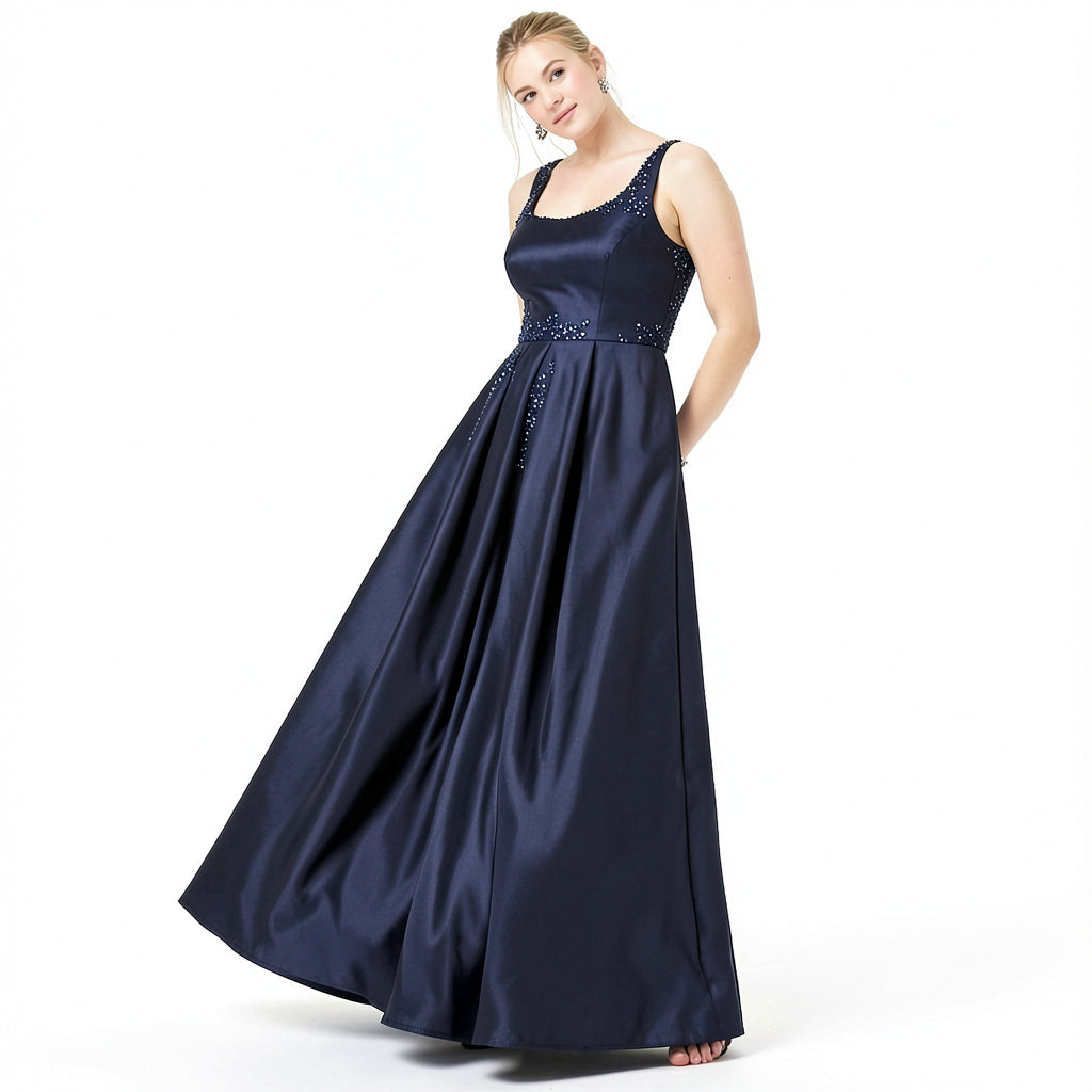City Studios Juniors Beaded-Back Satin Gown, 3/Navy