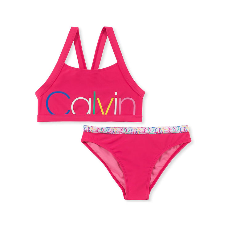 Calvin Klein Big Girls 2-Pc. Logo-Print Bikini Swimsuit, Size Large