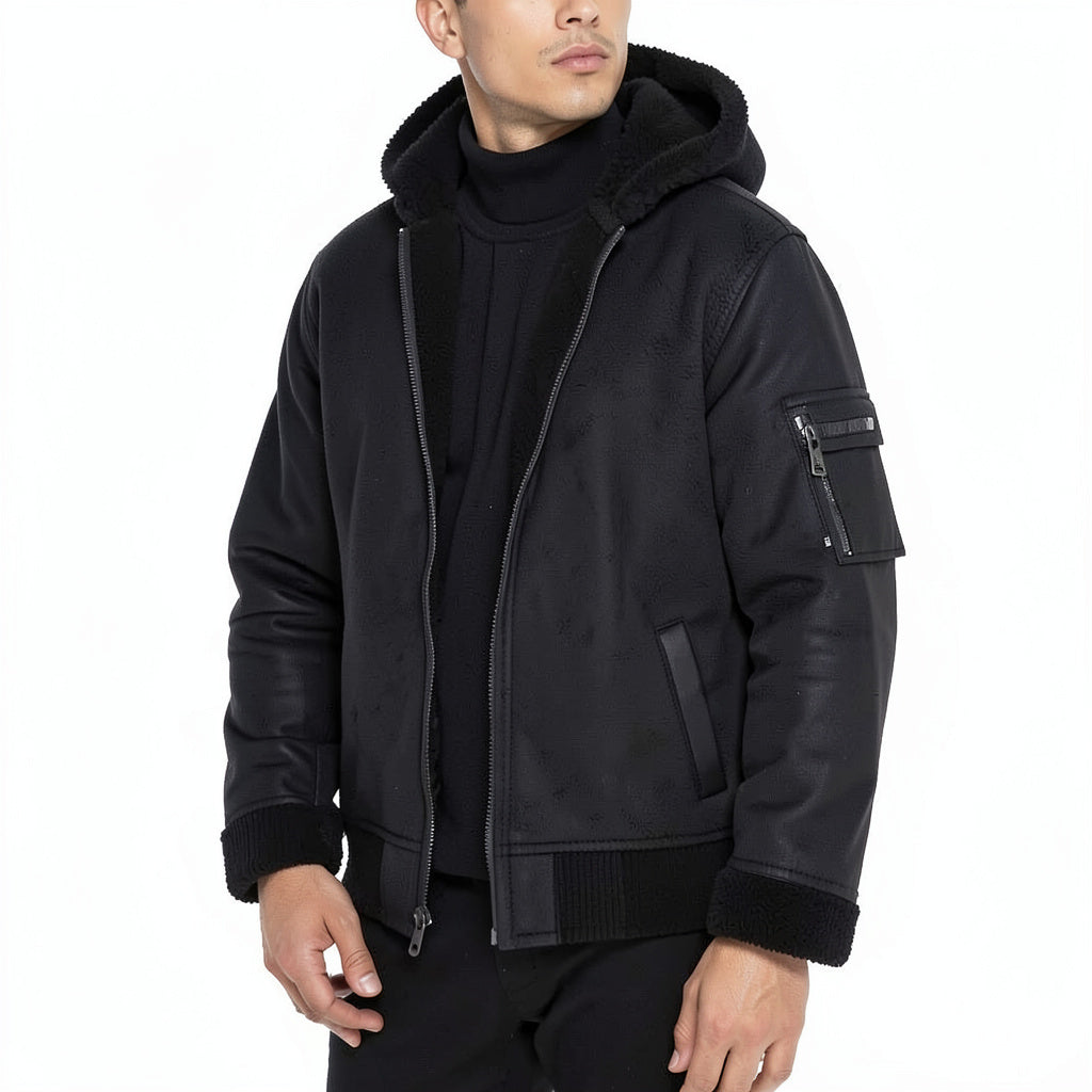 Sean John Mens Faux Shearling Hooded Bomber Jacket, 3XL/Black