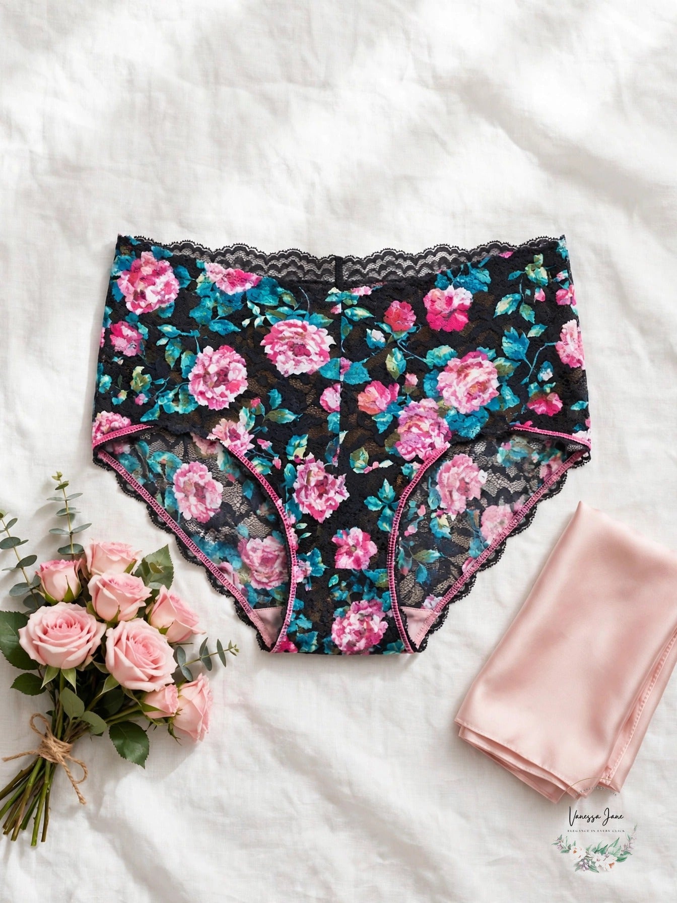 Hanky Panky Retro V-Kini Lace Panty Size S Damascus Rose Floral & Himalayan Pink