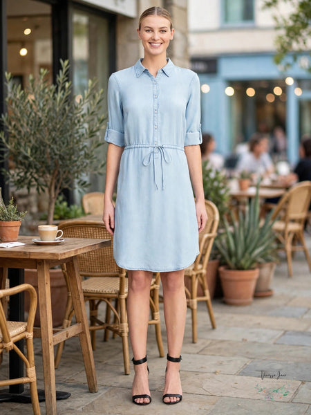 James & Erin Women's Chambray Shirtdress, Drawstring Waist, Size 6