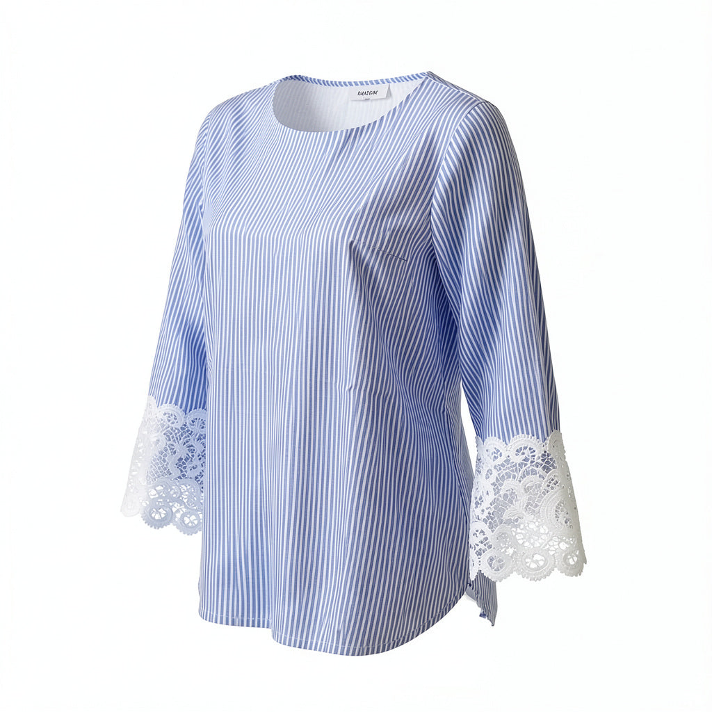 Lace Bell Sleeves Blue White Striped Nautical Blouse Size Medium