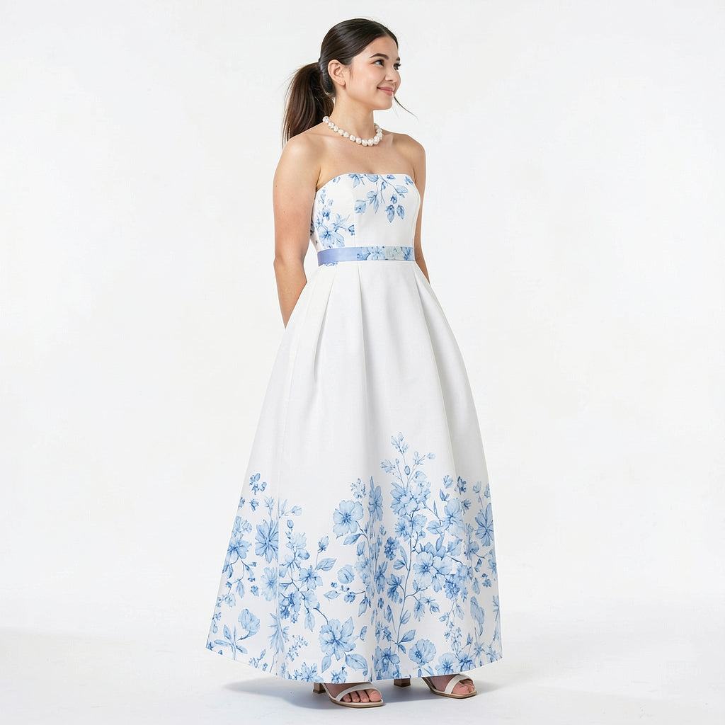 Teeze Me Juniors Strapless Floral-Hem Gown, Size 9-10/ White & Blue