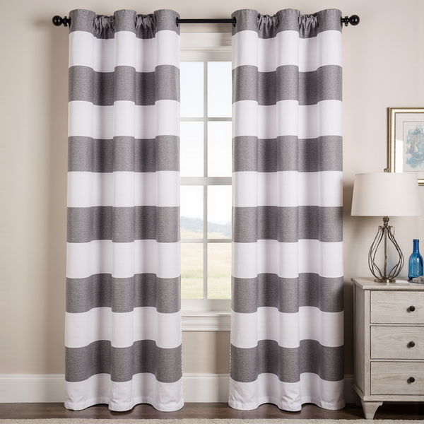 Ellery Homestyle Gray and White Striped Rod Pocket Window Curtains