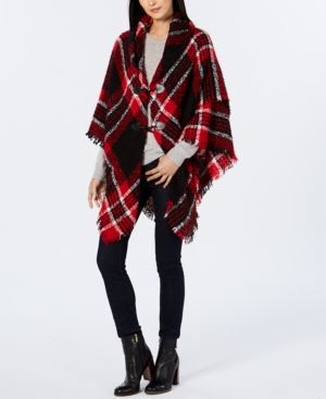 Charter Club Boucle Plaid Toggle Poncho, Red