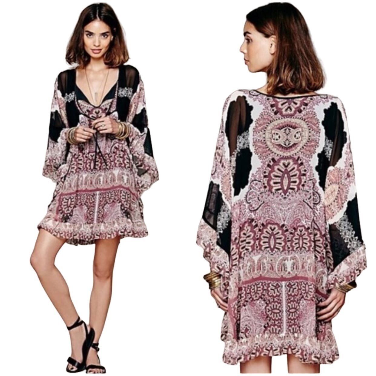 Free People Marla Dreams Paisley Print Dress Batwing Festival, Med