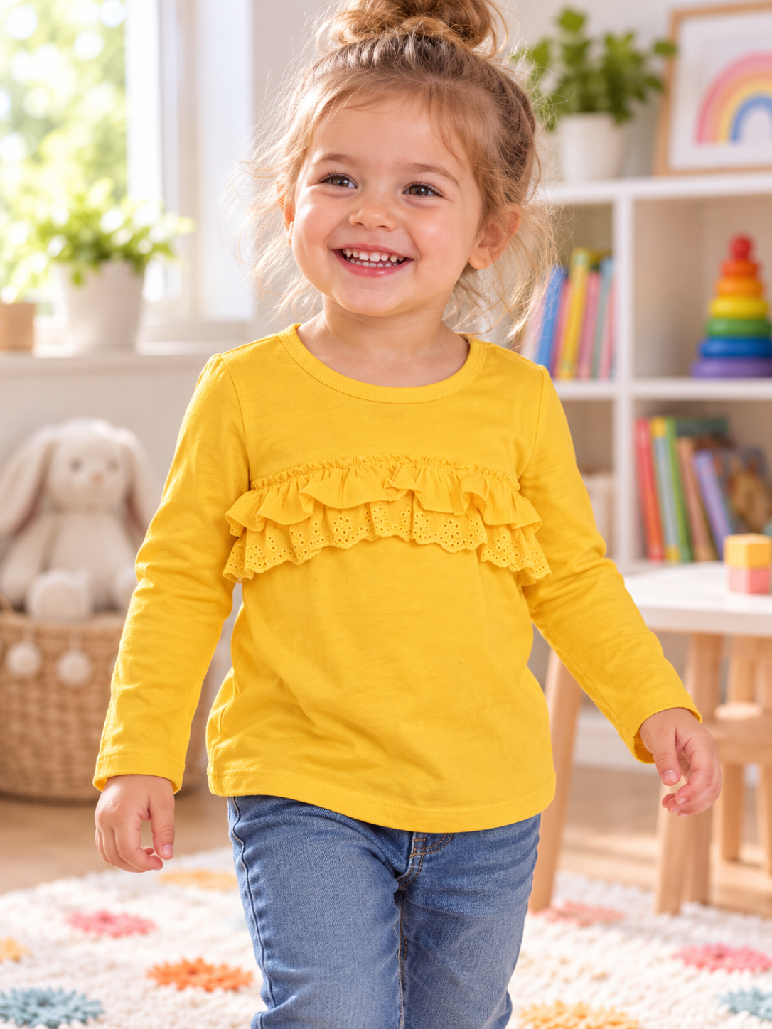 Yellow ruffle long sleeve shirt lifestyle
