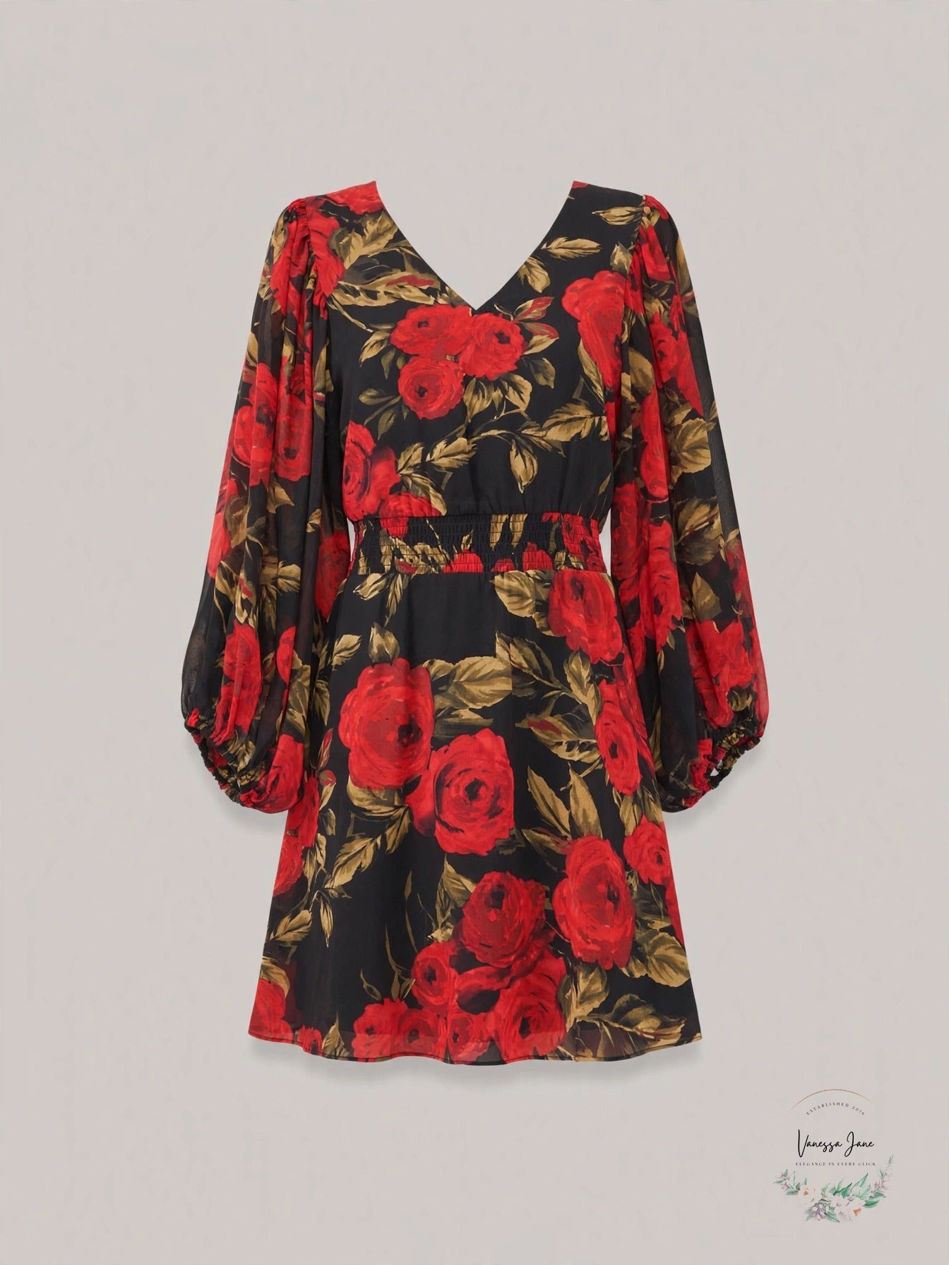 Vince Camuto Floral-Print V-Neck Smocked-Waist Dress, Size Small, Black