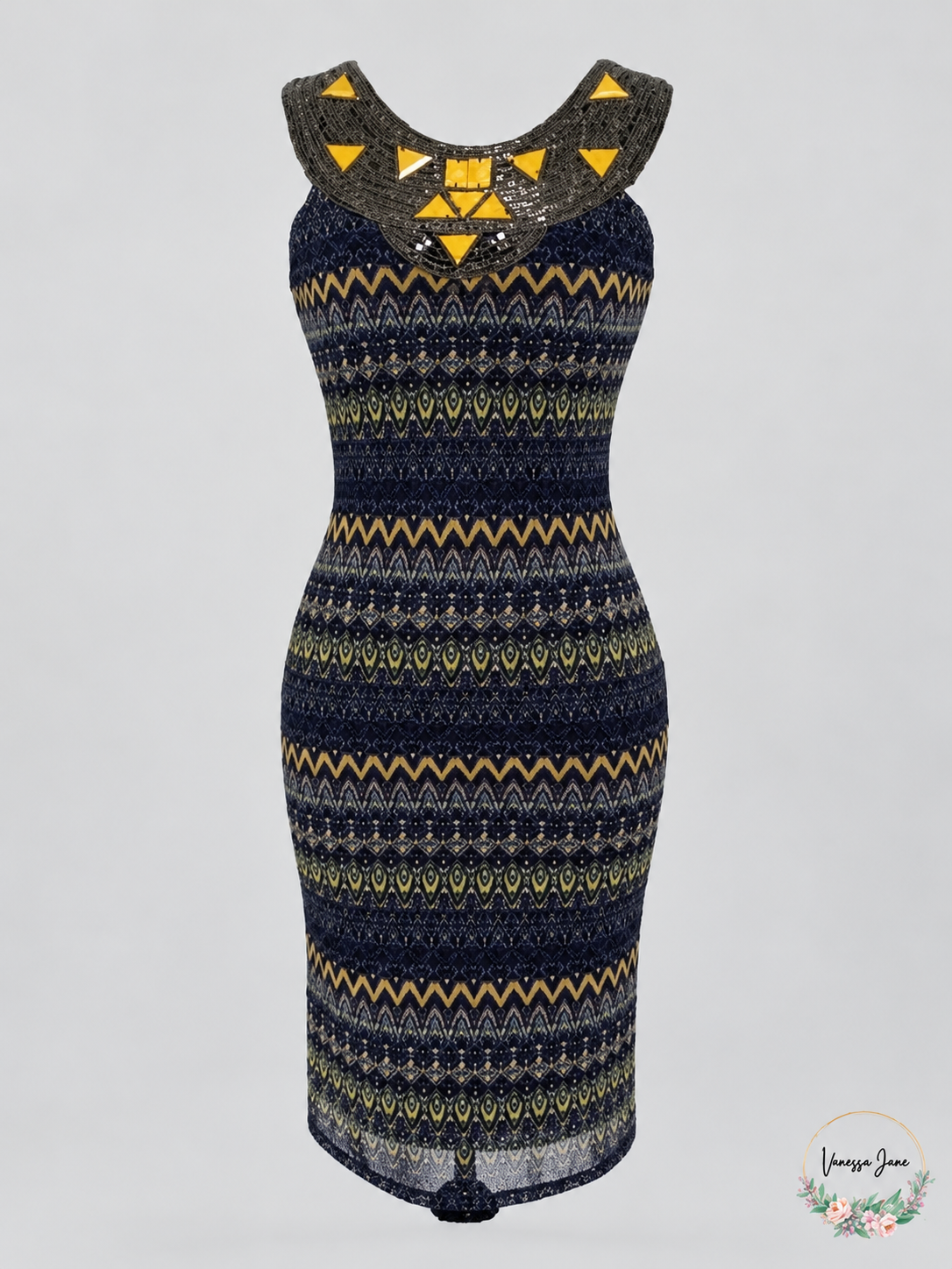 Francesca's Geometric Print Beaded Neckline Bodycon Dress Small