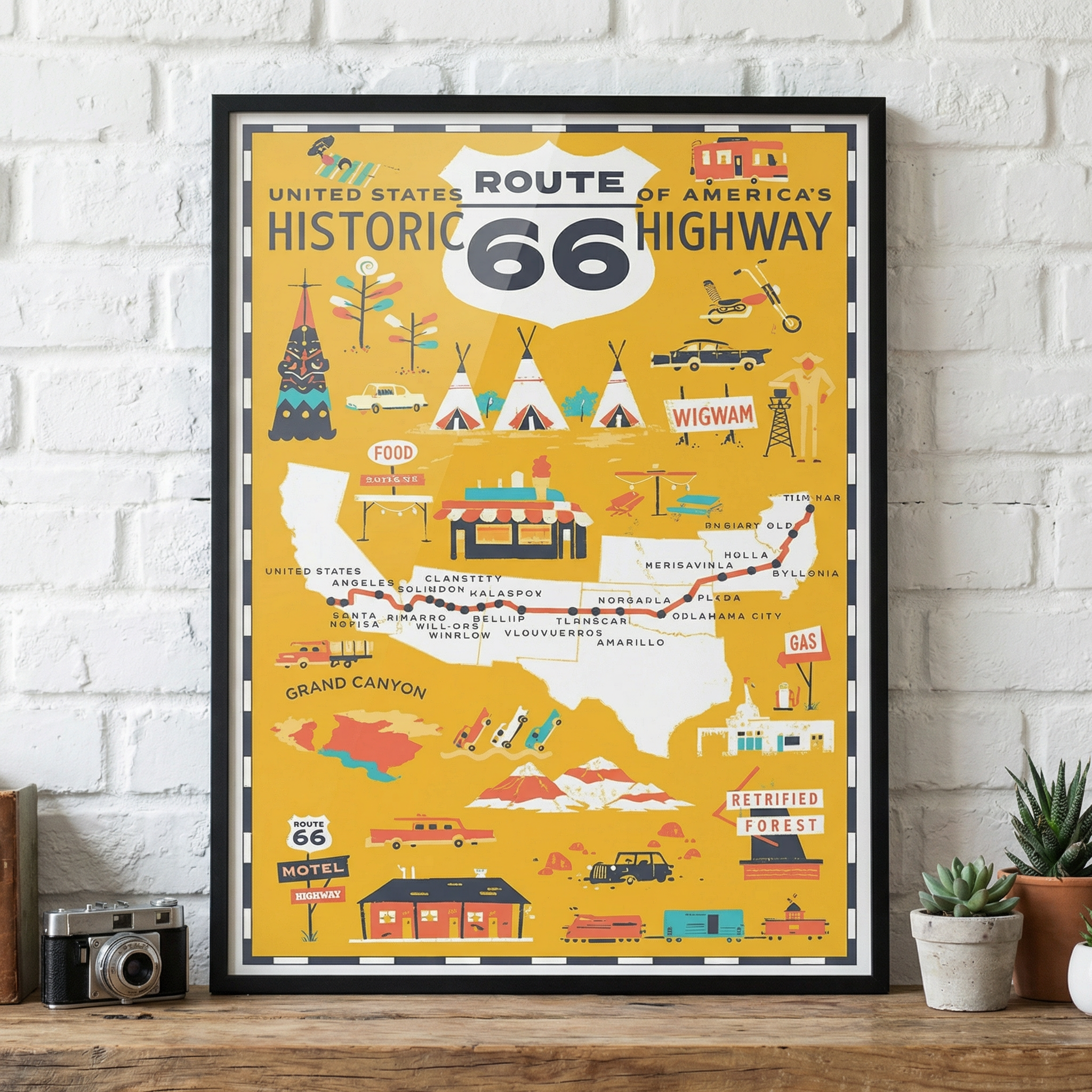 US Route 66 Historic Highway Mustard Yellow Illustrated Scenic 11 in. x 14 in.