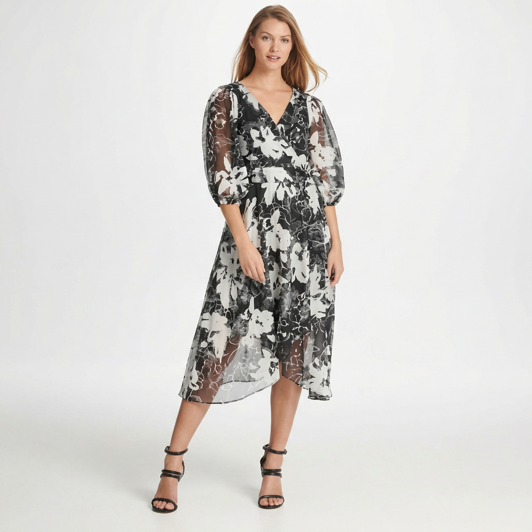 DKNY Womens Sheer Belted Zippered Floral 3/4 Sleeve V Neck Sheath Dress, Size 2