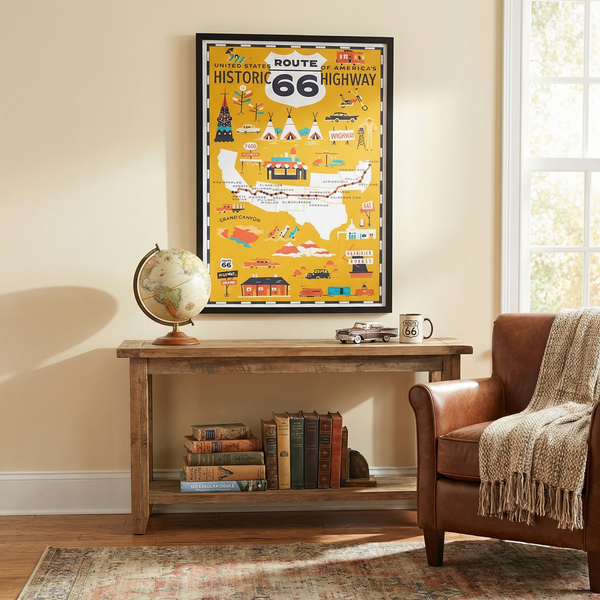 US Route 66 Historic Highway Mustard Yellow Illustrated Scenic 11 in. x 14 in.