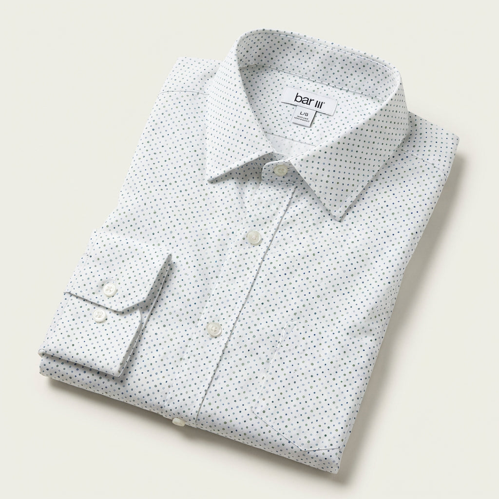 Bar III Mens Dot Print Button Down Dress Shirt, White, Size Large