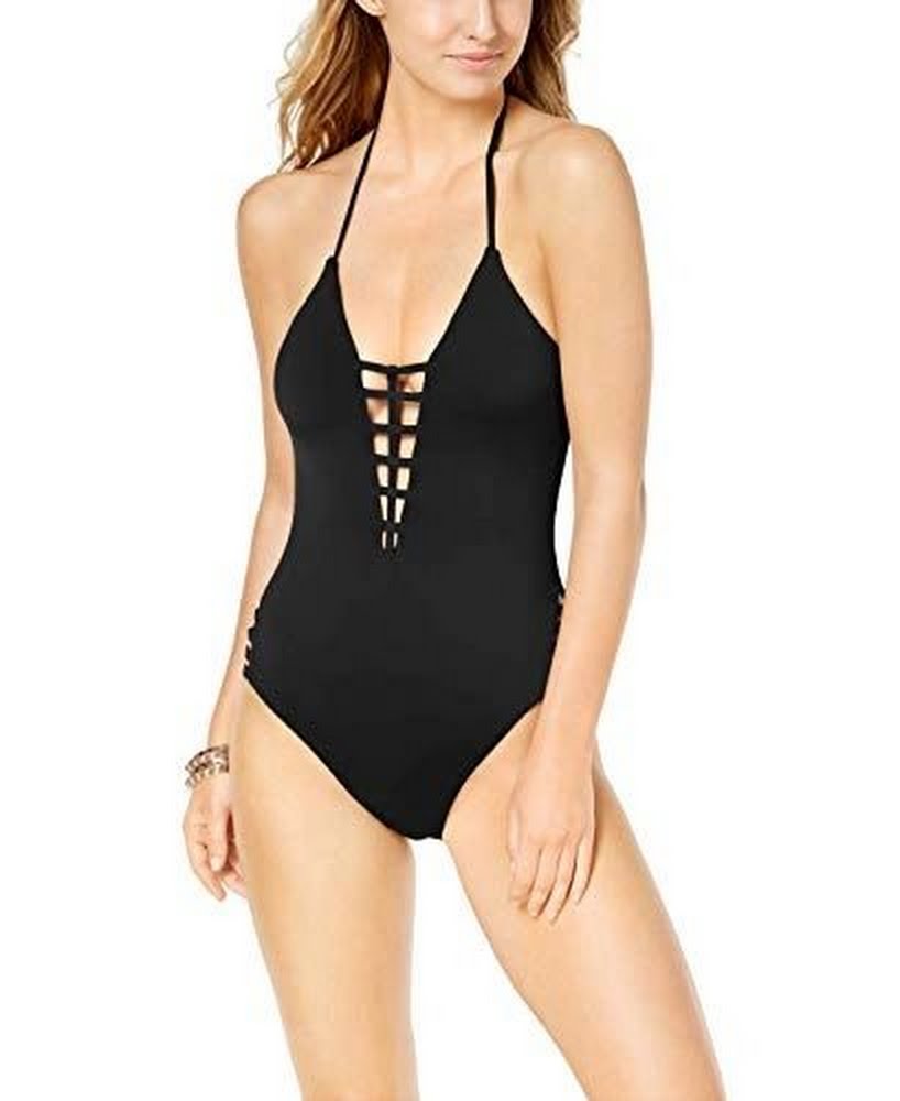 Bar lll Womens Halter Strappy Plunging One Piece Swimsuit