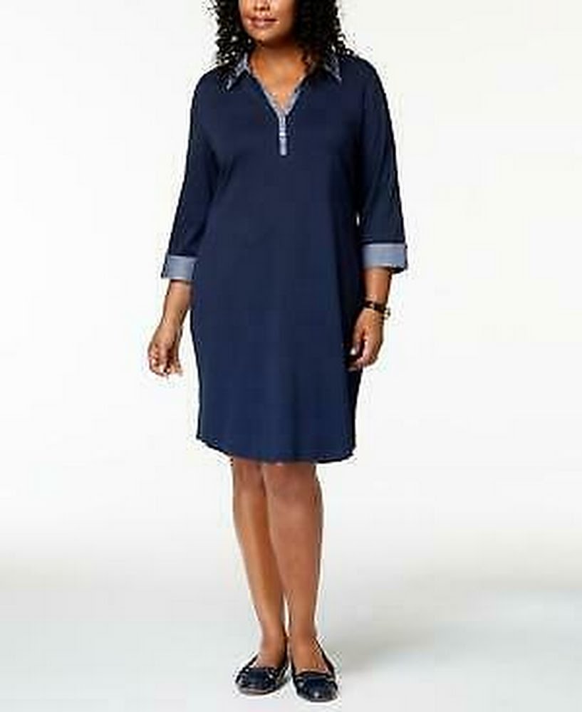 Karen Scott Plus Size 3/4-Sleeve Contrast Shirtdress