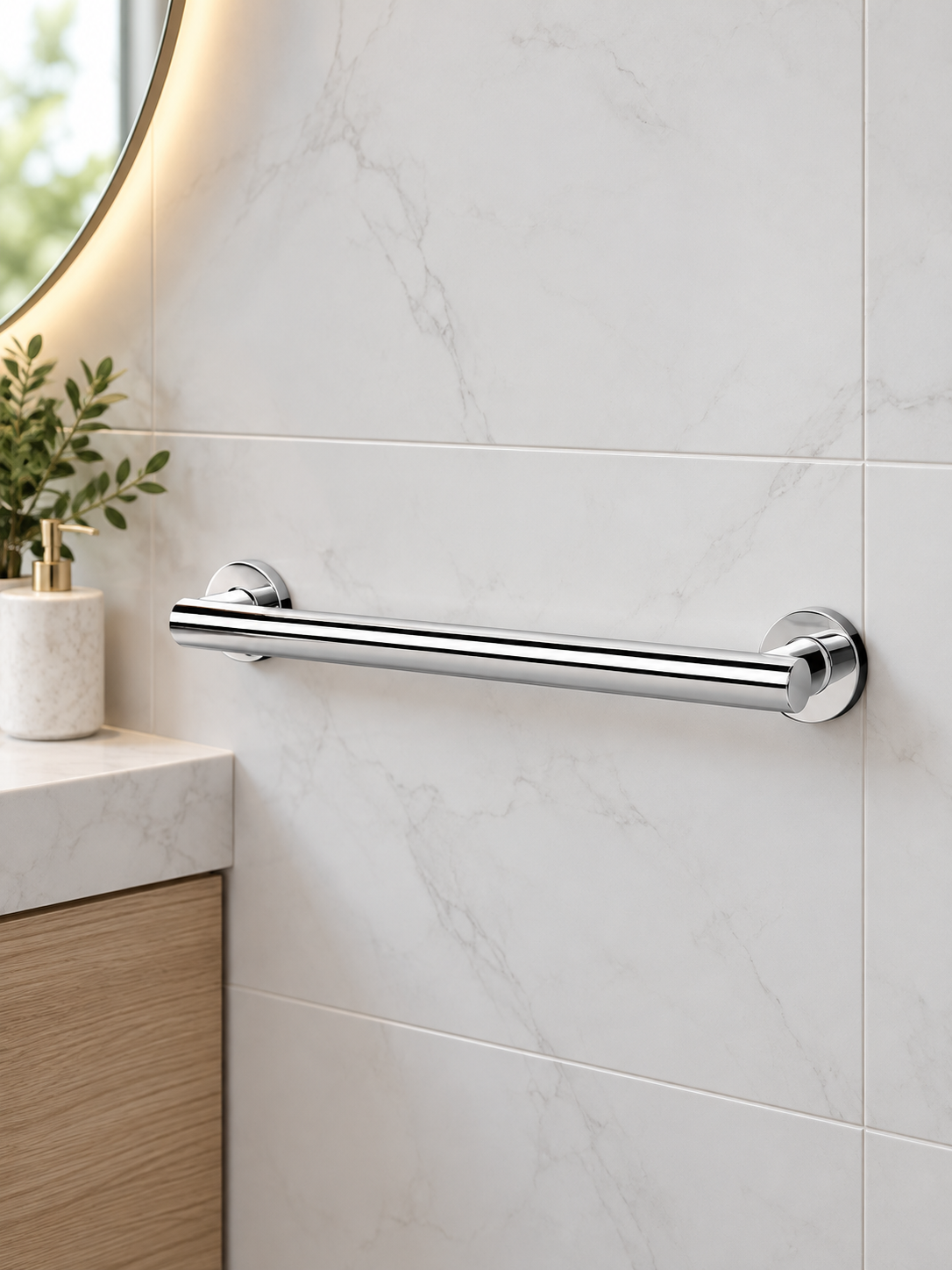 Hansgrohe chrome towel bar in bathroom lifestyle setting