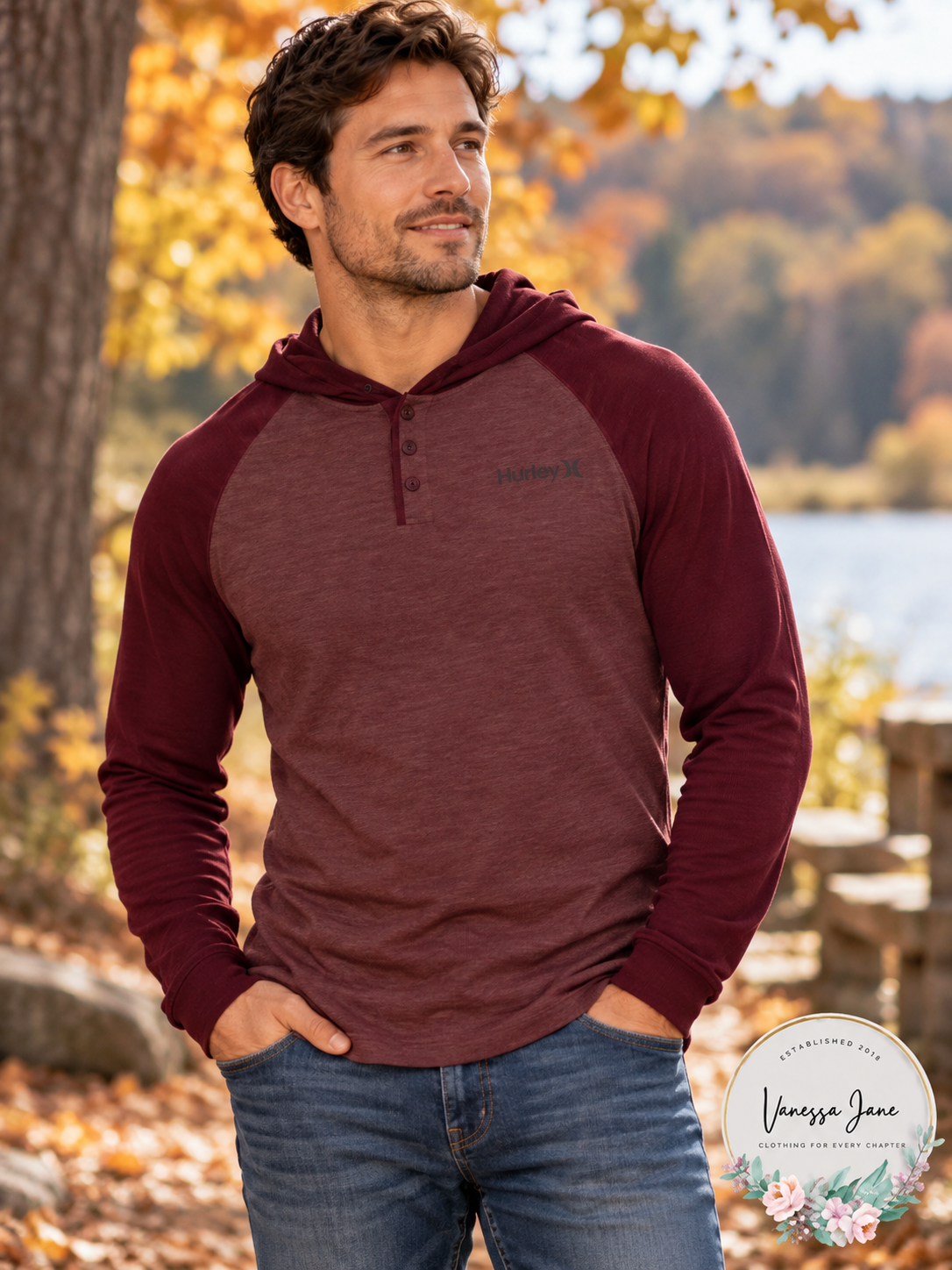 Hurley Men's Maroon Colorblock Hooded Thermal Henley Size XL
