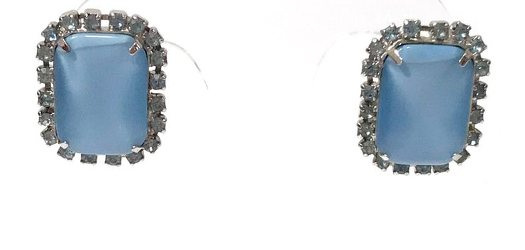 Vintage Earrings Blue Satin Glass Light Blue Rhinestones, Polished Silver Plated