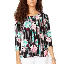 JM Collection Printed Pleated-Back Blouse, Size Large