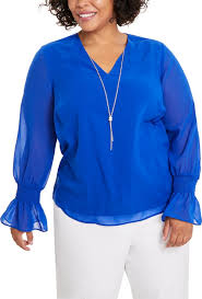 Jm Collection Smocked-Sleeve Necklace Top-Blue Steel XXL