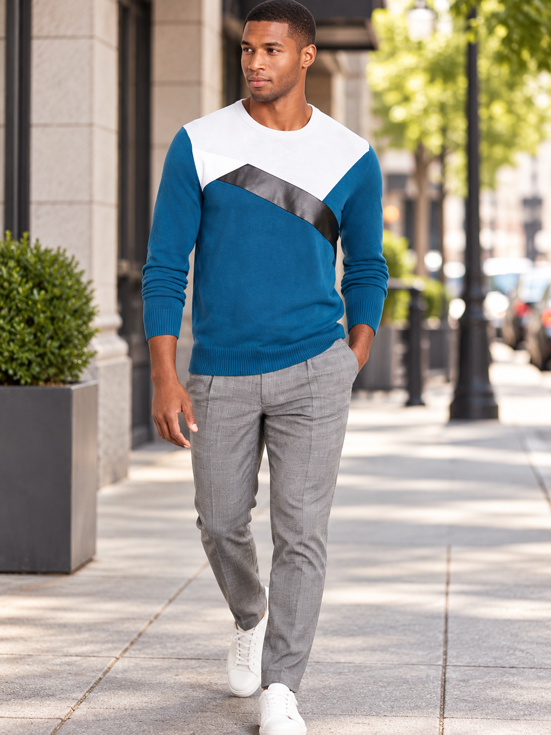 INC blue colorblock sweater styled on a model