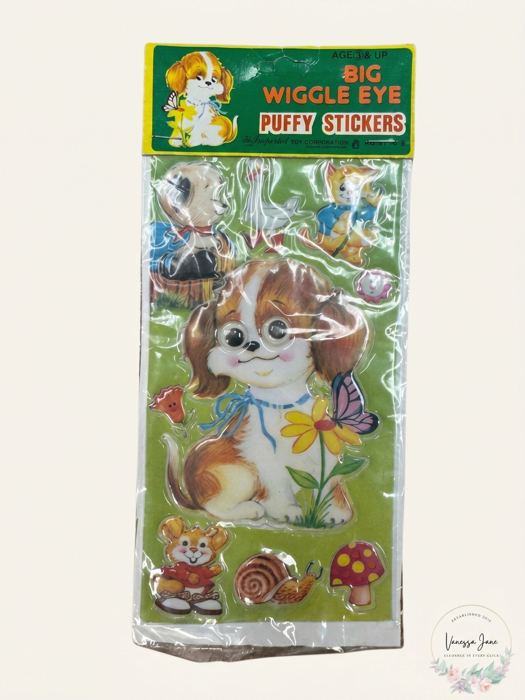 Vintage NOS Early 1980s Imperial Toy Corp Big Wiggle Eye Dog Puffy Stickers