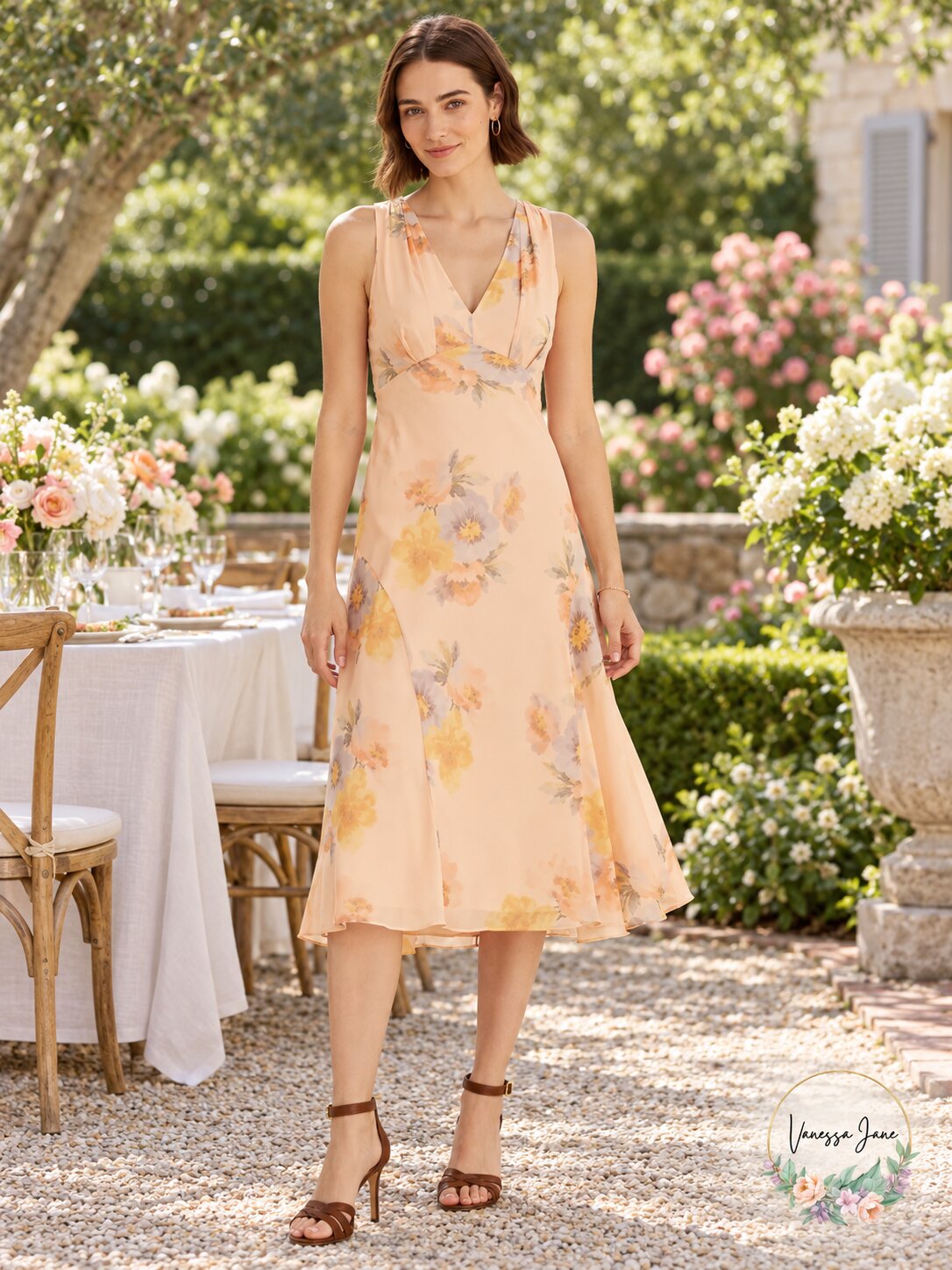 Ralph Lauren Crinkled Georgette V-Neck Empire Waist Midi Dress, Size 16