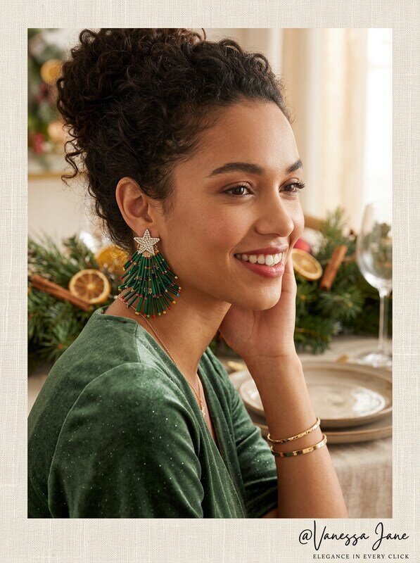 Holiday Lane Gold-Tone Pave and Multicolor Bead Holiday Tree Drop Earrings