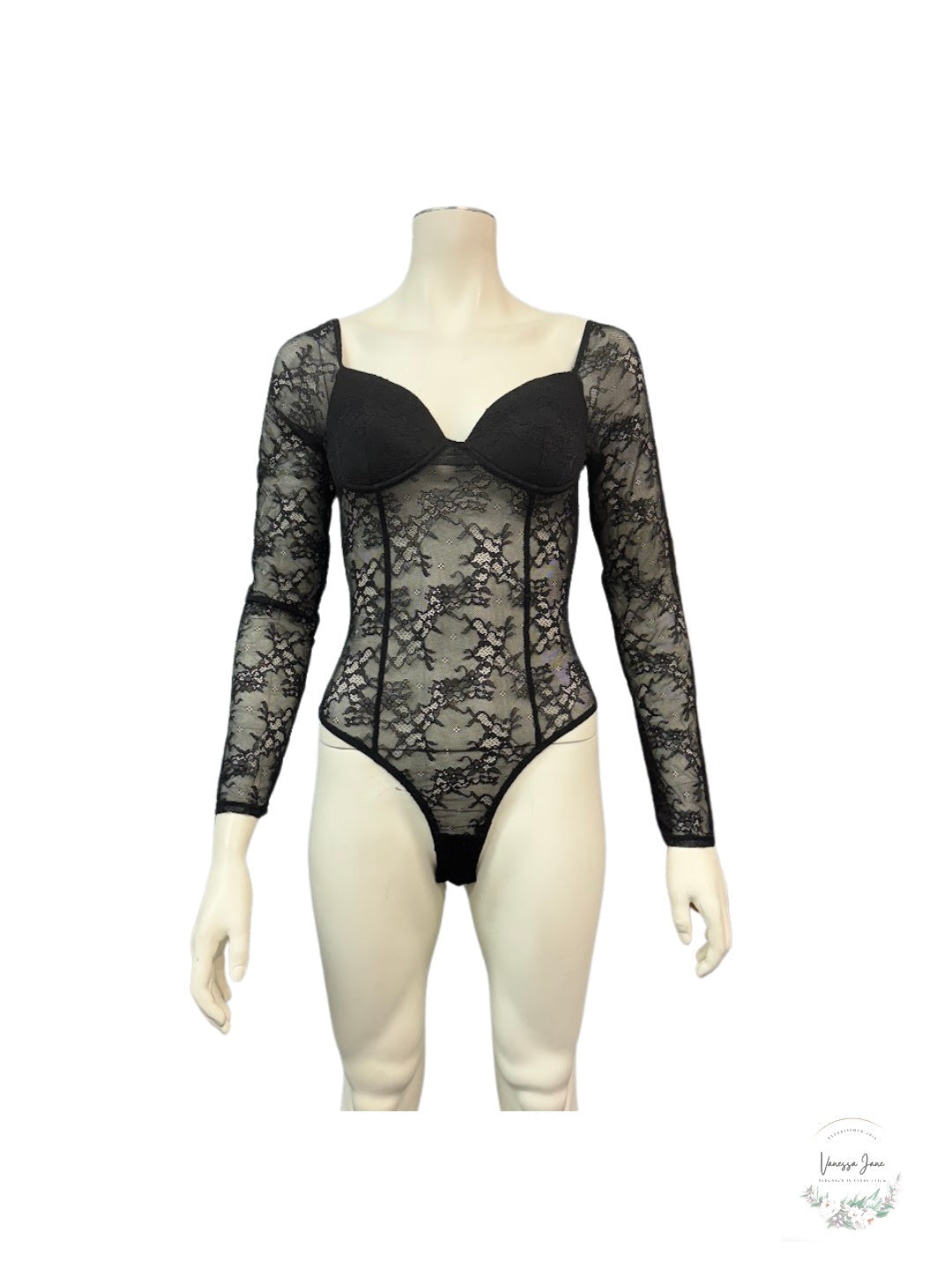 Lulus Tempting Romance Black Lace Long Sleeve Bodysuit, Size Medium