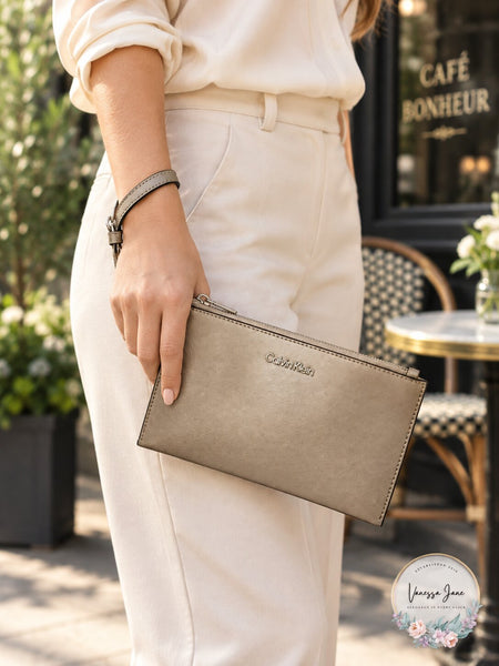 Calvin Klein Saffiano Leather Wristlet, Metallic Taupe/Silver