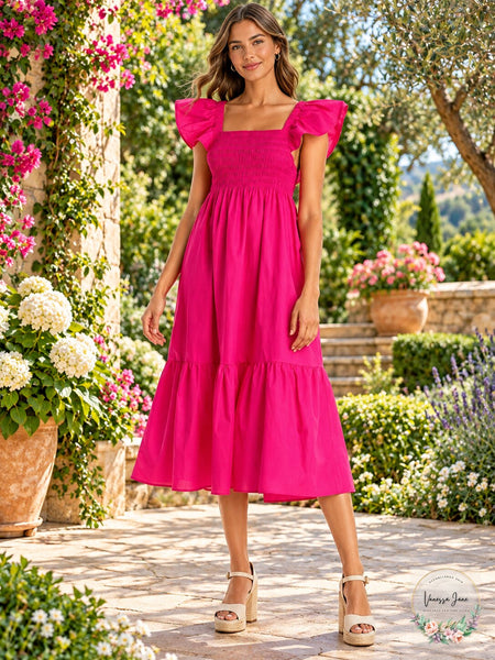 Aqua Smocked Flutter Sleeve Midi Dress Magenta
