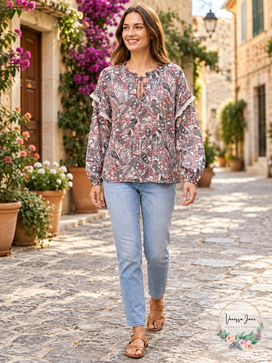 Aqua Printed Lace Trim Top