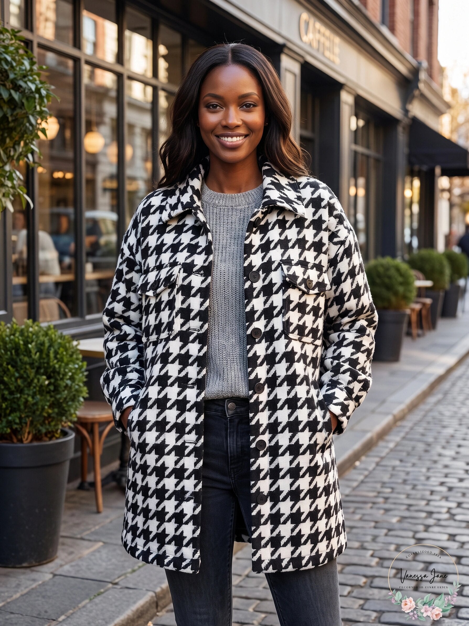 BAGATELLE.NYC Womens Black White Houndstooth Shirt Jacket
