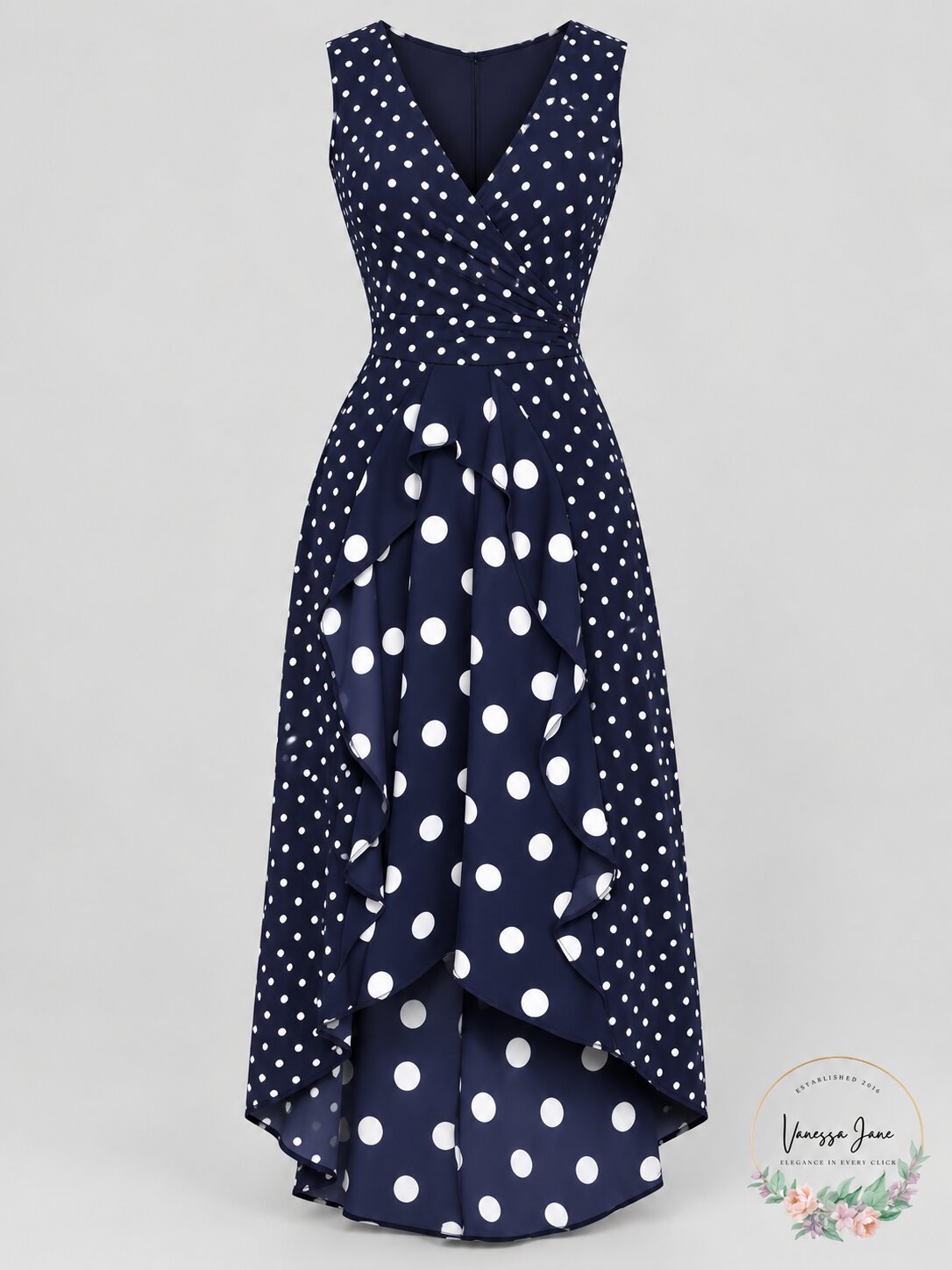 AX Paris Navy Polka Dot Asymmetric Midi Dress, Size 18 NWT