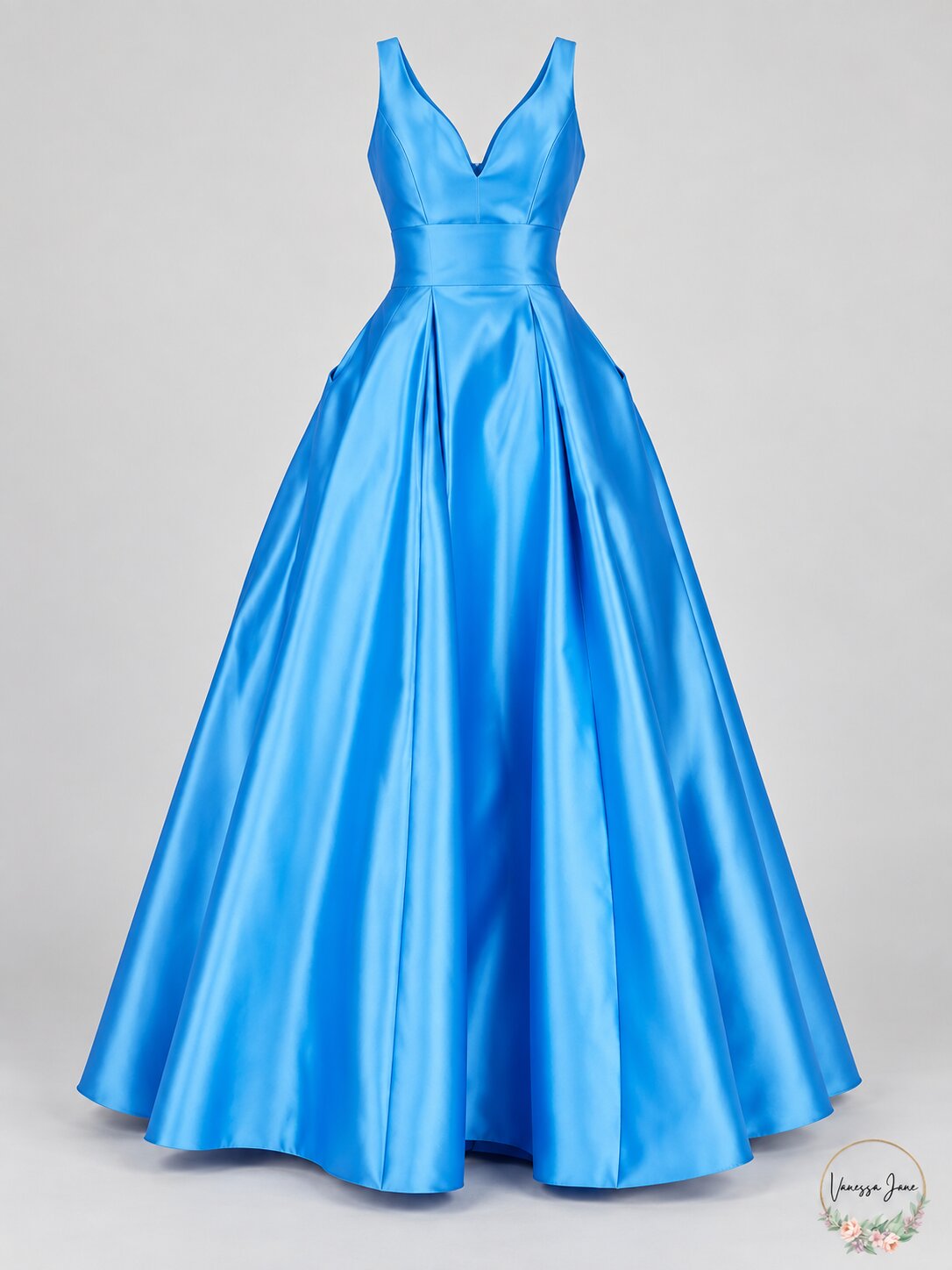 B Darlin Juniors Cage-Back Satin Ballgown, Sky Blue, Size 1 (With Defect)