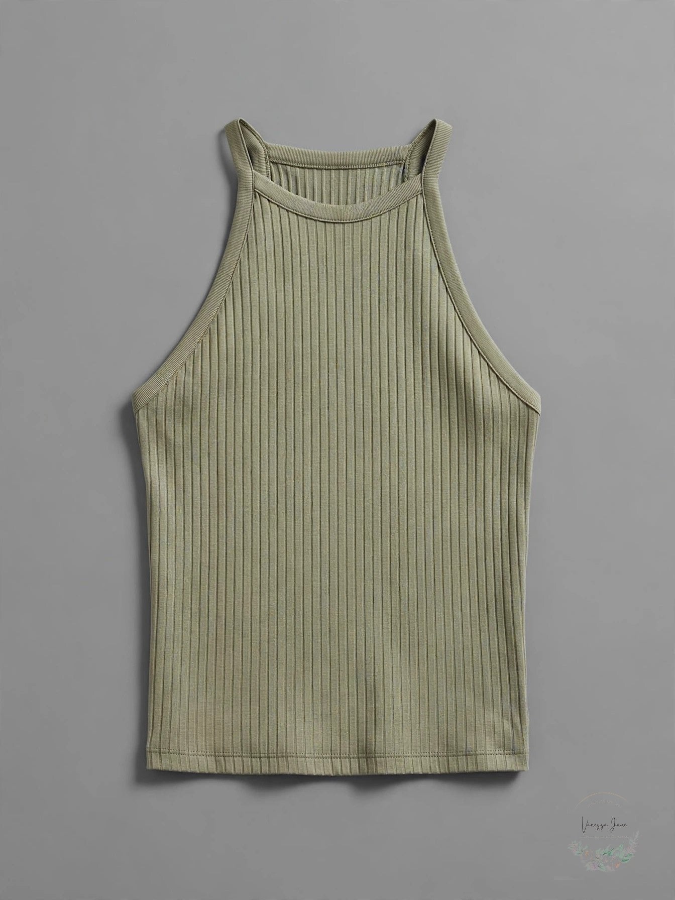 Theory Cropped Halter Tank in Willow Green Ribbed Knit